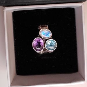 Artisan Sterling Silver Three Stone Ring 925 Amethyst, Moonstone, Blue Topaz Sz8